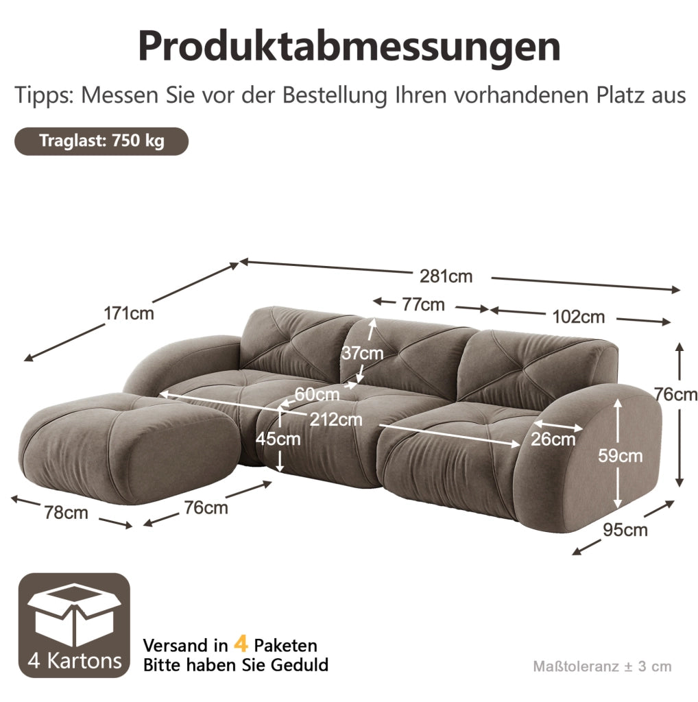 Divano modulare in chenille taupe con pouf; struttura senza telaio e base antiscivolo