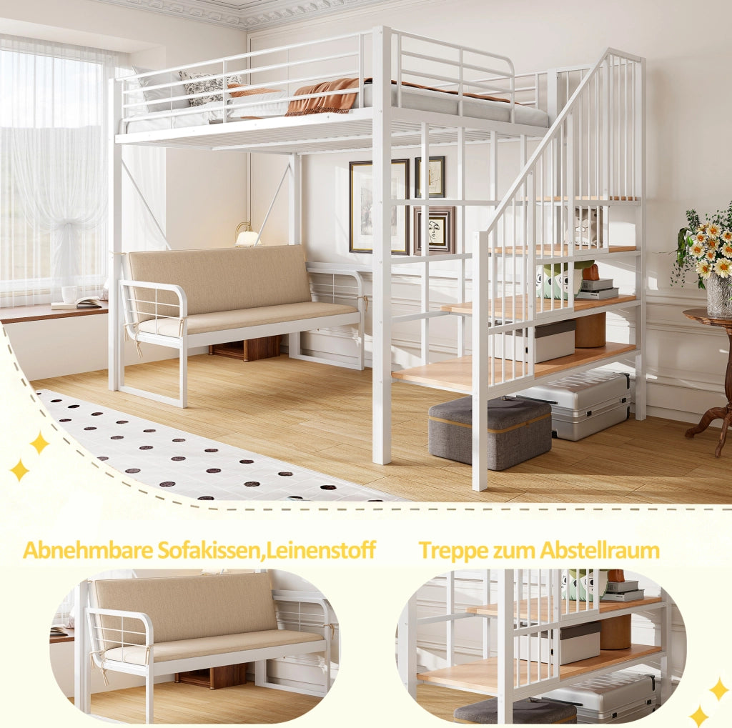 Letto a castello 140x200 cm con divano imbottito e scala contenitore