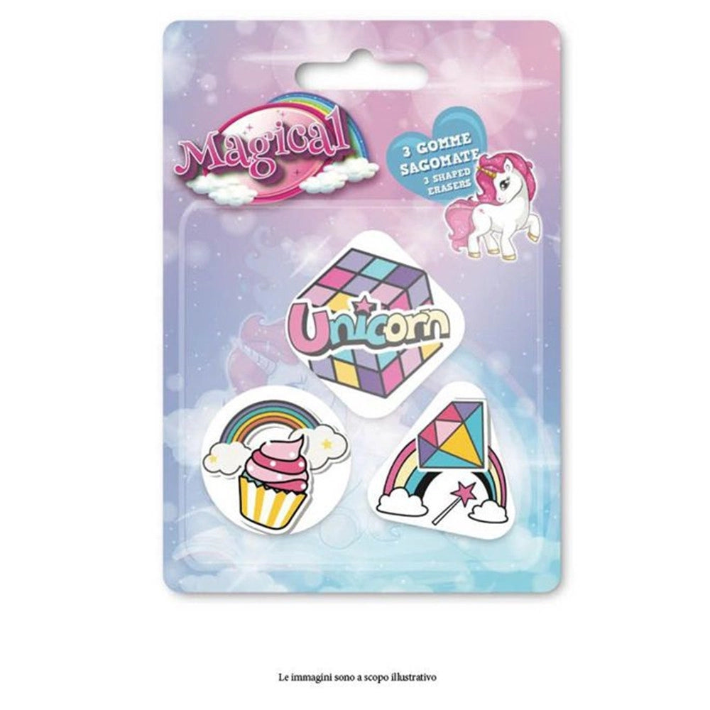 Trade Shop - Kit Gomme Per Cancellare 3pz Sagomate Tema Magico Unicorno Cancelleria Bambine Scuola 735768 -