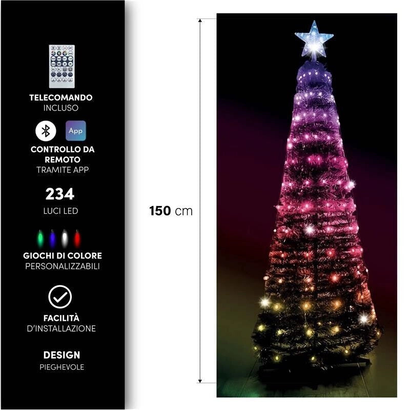 HIGH-TECH ALBERO POP UP PIEGHEVOLE CON 160 LED CM.150 RGB E 16 GIOCHI DI COLORI +TELECOMANDO TRAMITE APP