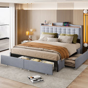 Letto imbottito 160x200 cm grigio con USB; mensola; 4 cassetti e rete a doghe