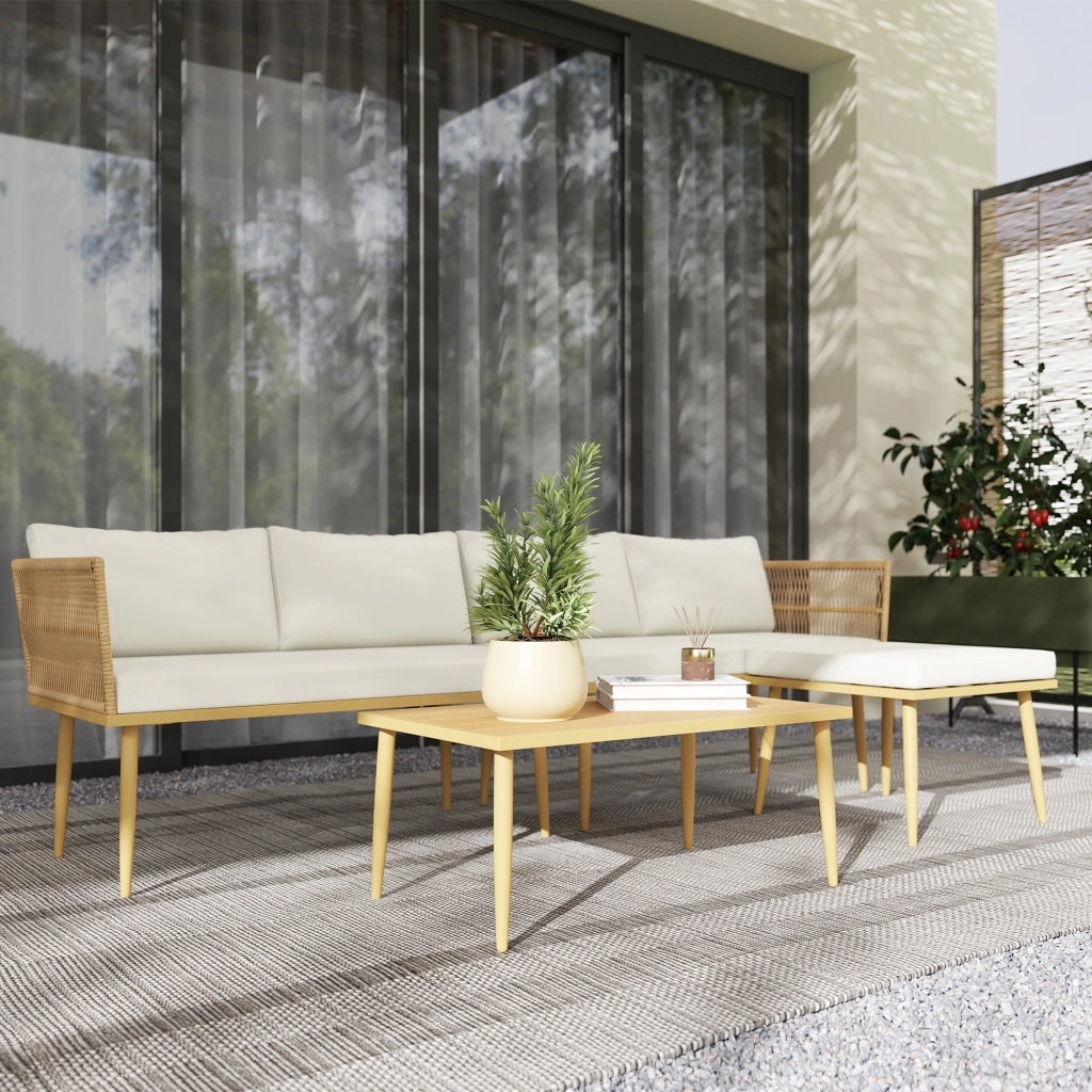 Set divano esterno 5 posti in polyrattan ¨C zephmum ¨C beige con cuscini, tavolino e pouf