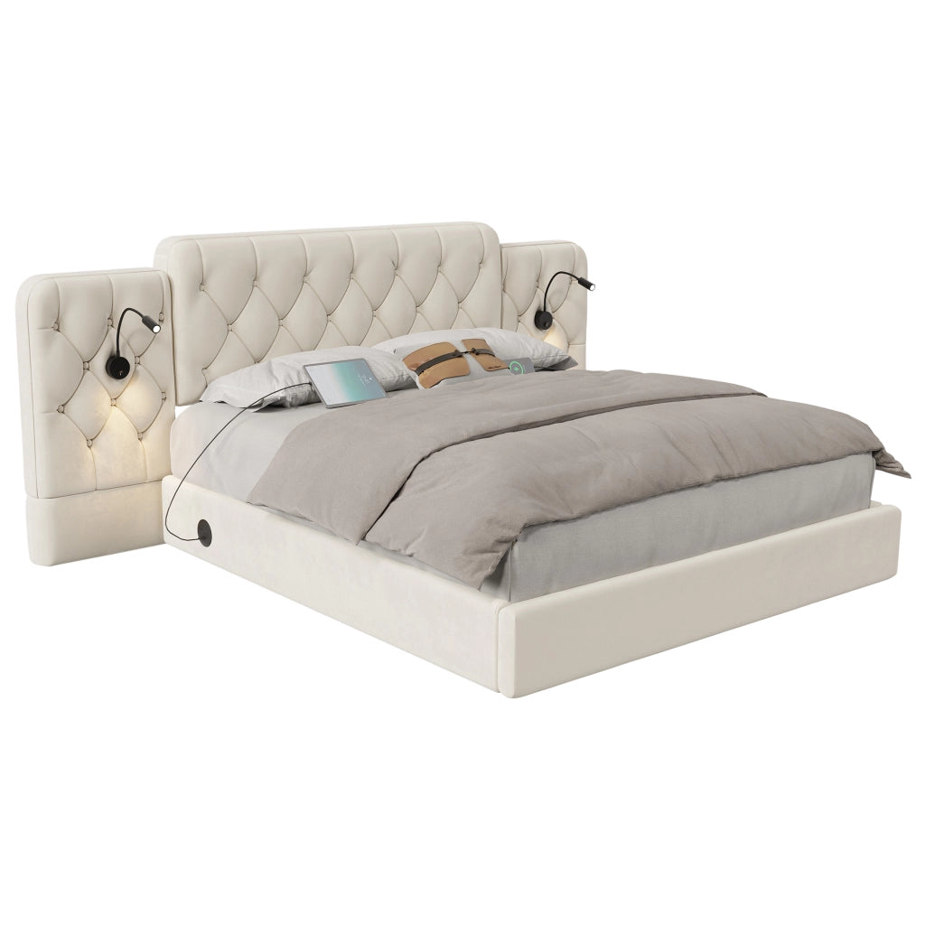 OKWISH Letto Contenitore 180×200 cm, Letto Matrimoniale con 4 Porte USB, Lampade da Lettura e Sollevamento Idraulico, senza Materasso, Velluto, Beige