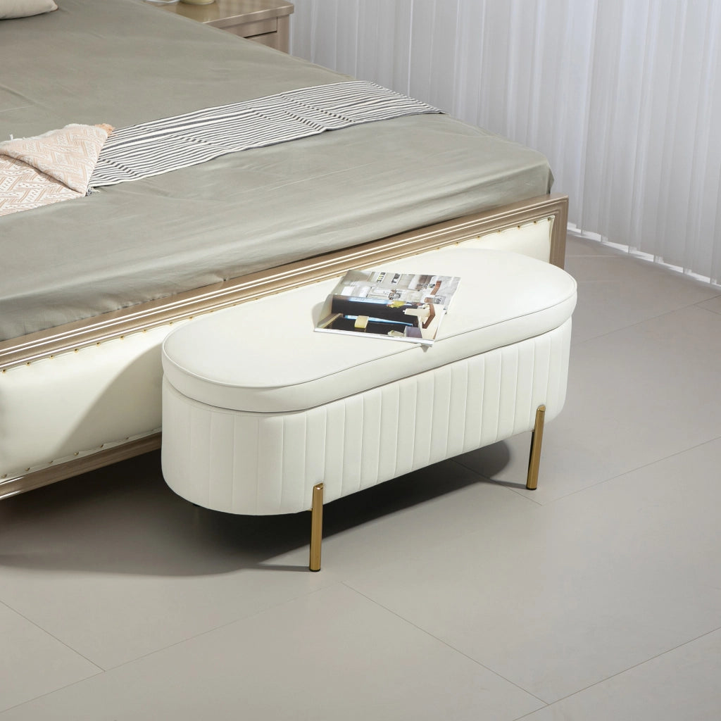 Panca Contenitore Ovale in Velluto e Legno ¨C Zephmum ¨C 108x44x43.5 cm Crema