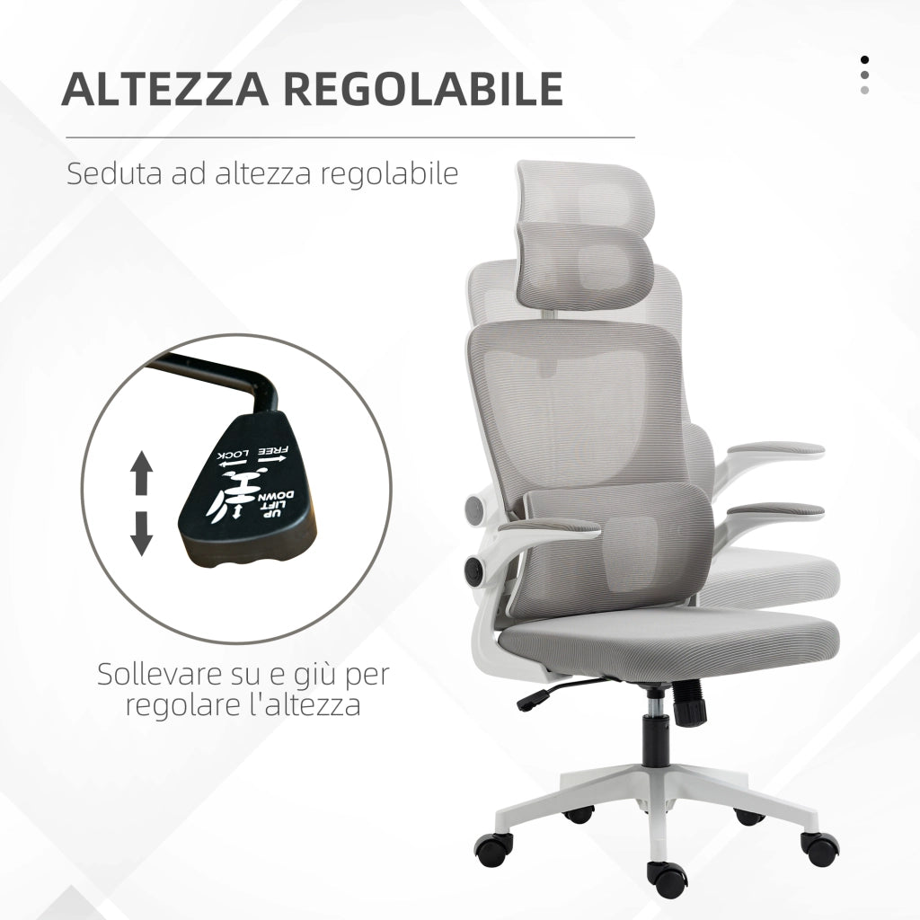 Sedia da Ufficio Ergonomica ad Altezza Regolabile con Poggiatesta. 60x59x114-122 cm. Grigio