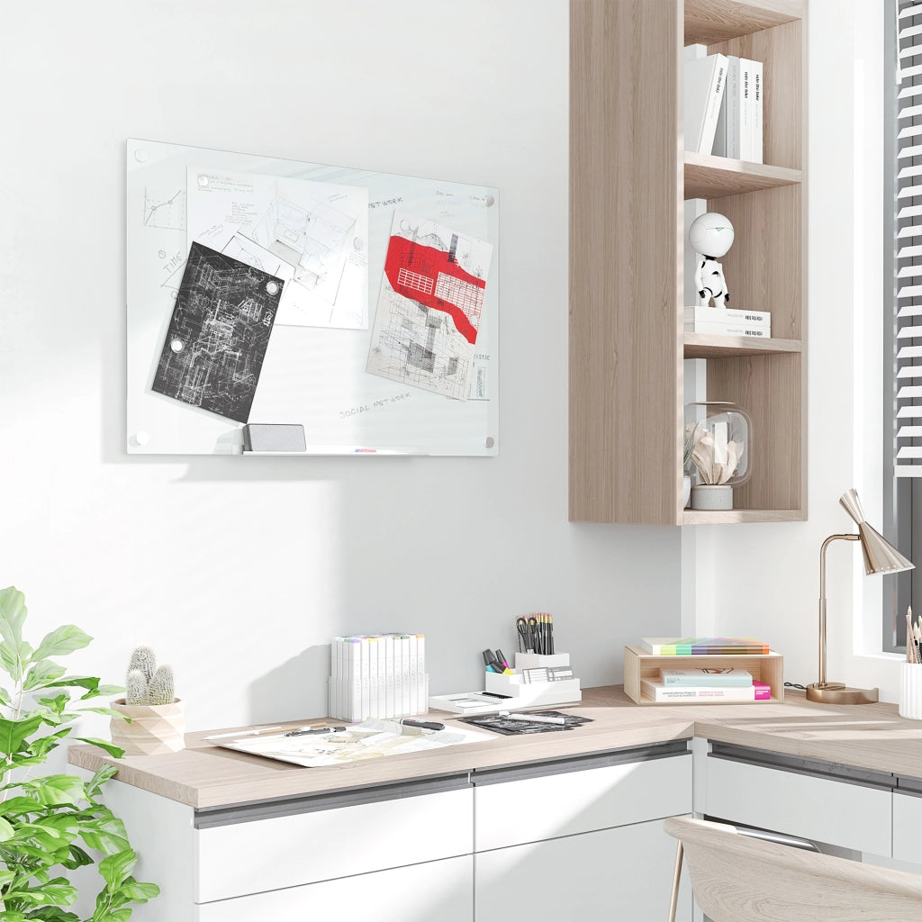 Lavagna Bianca 90x60x0,4 cm con 4 Pennarelli Colorati e Cancellino in Vetro e Alluminio Satinata
