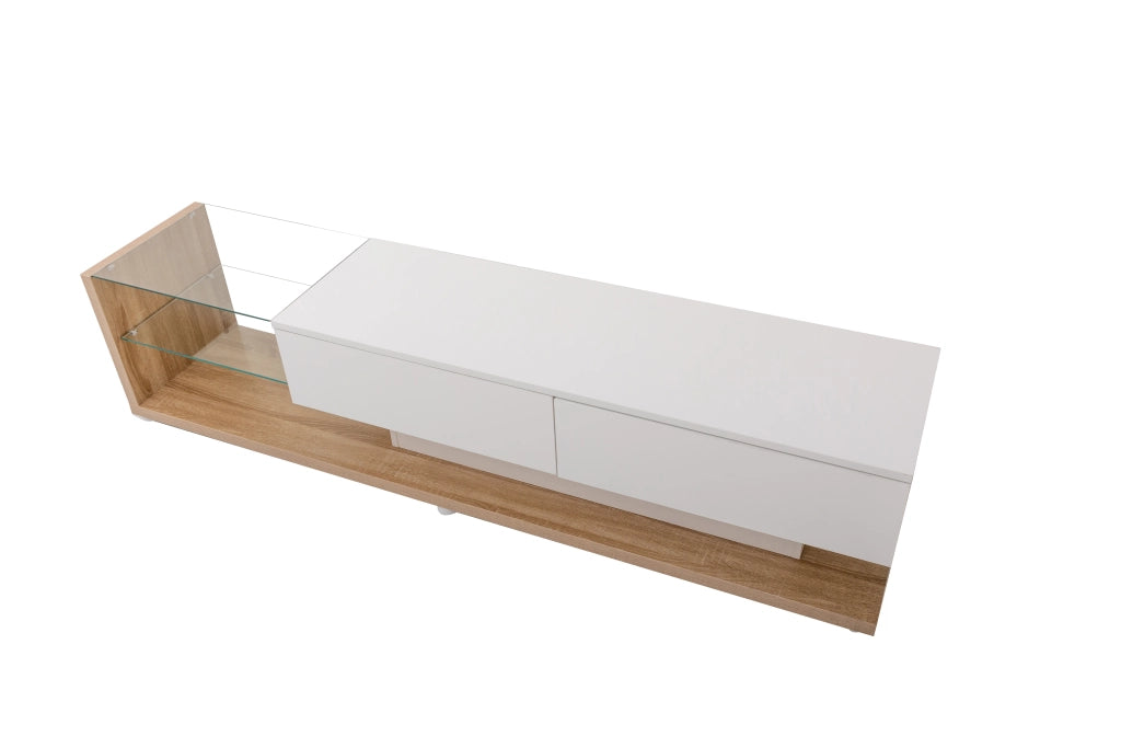 Mobile porta tv con due cassetti e due ripiani in vetro, LED regolabile via app, bianco lucido e legno, 170 × 36 × 38 cm