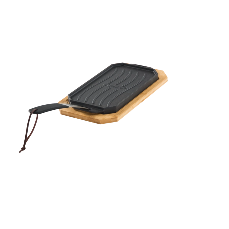 Piastra in ghisa con vassoio in legno, manico rimovibile in acciaio inox con finitura opaca 33 x 16.5 cm Cozze by Ezooza