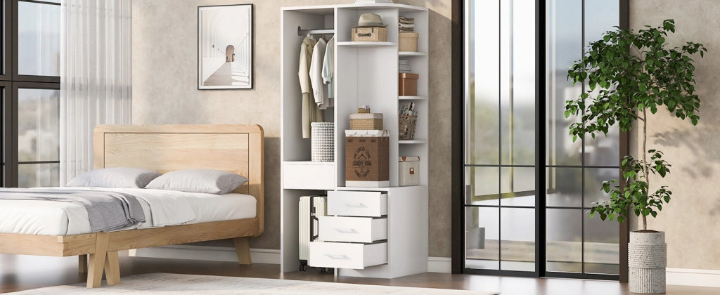 Scaffale autoportante con ripiani aperti, vani chiusi e barra appendiabiti per camera da letto in MDF bianco 70 × 55 × 175 cm