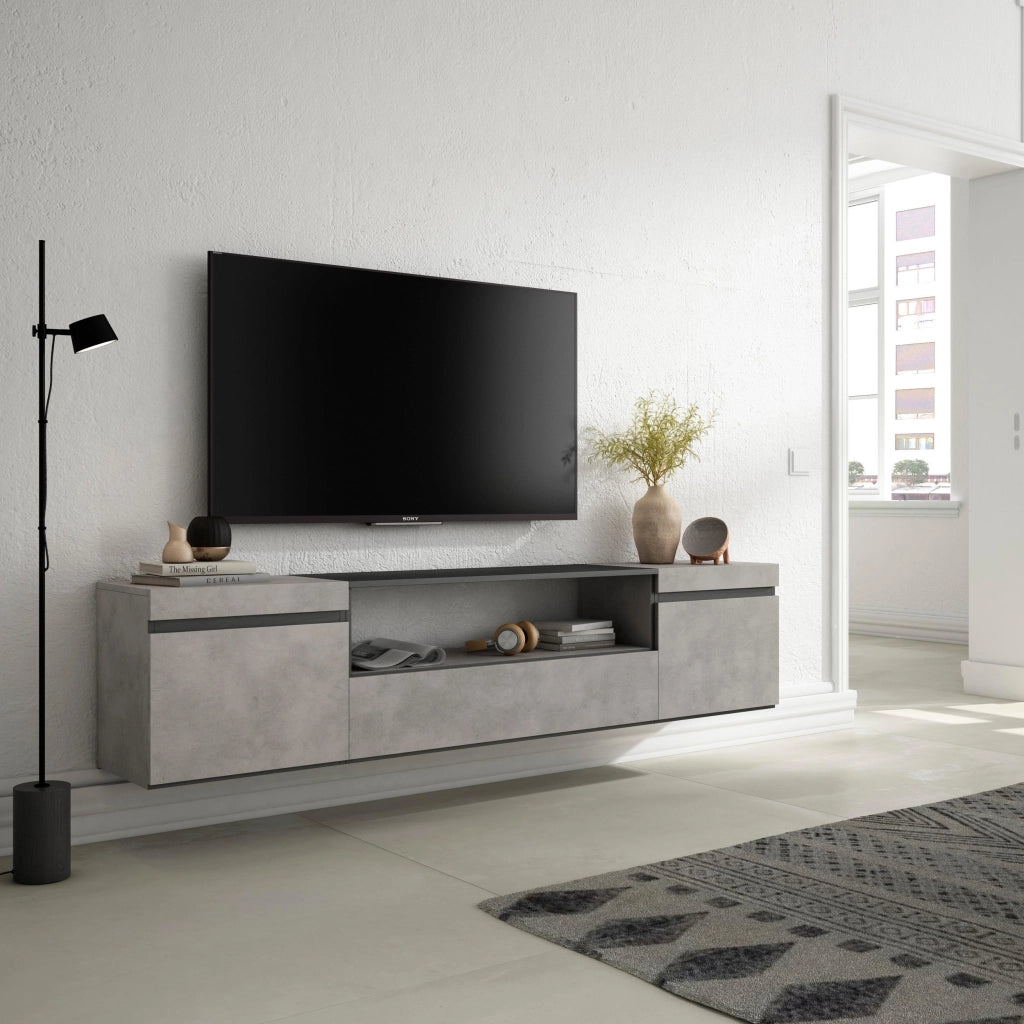 Mobile TV, 200x35x45cm, soggiorno, Per TV fino a 80", da appendere, grigio cemento RF2222