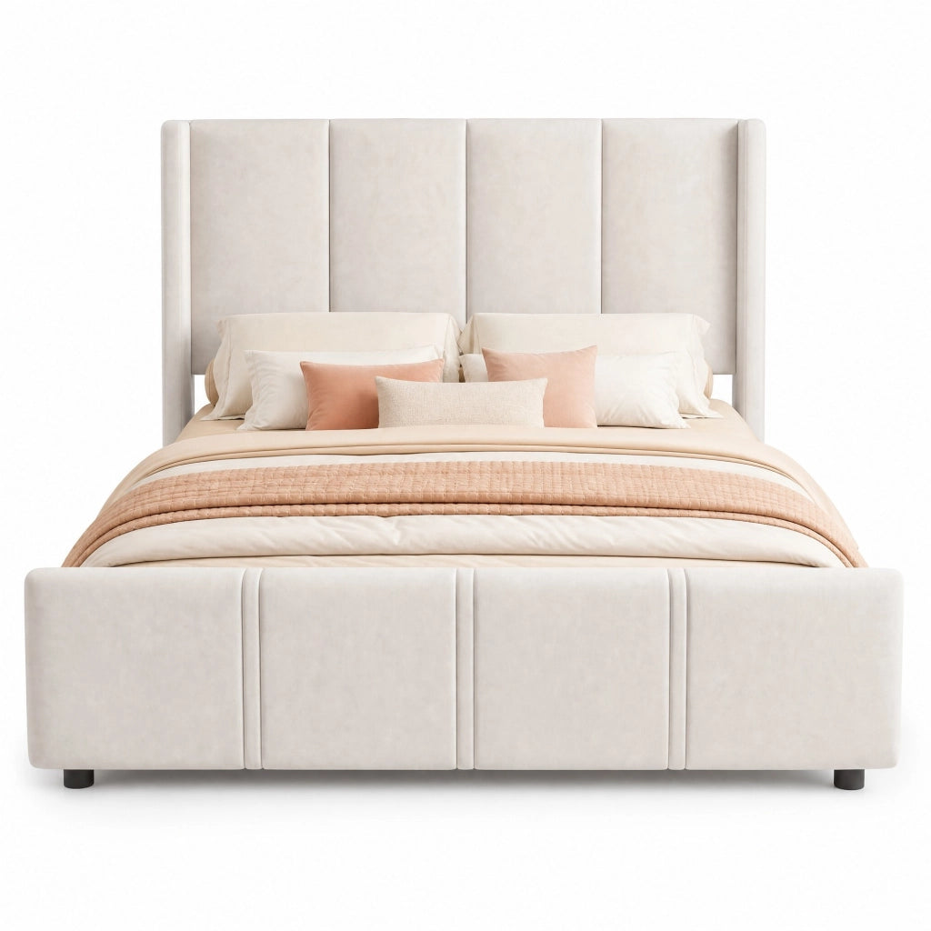 Letto imbottito 140x200 cm con testiera alta e porte USB/Type-C; rivestimento in velluto beige