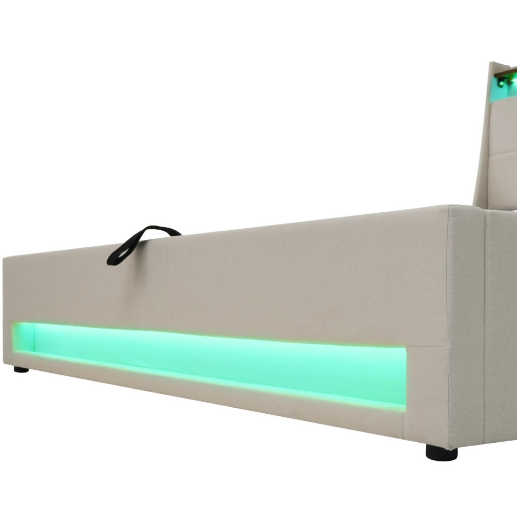 Letto imbottito singolo 90x200 cm beige con LED, USB e vano contenitore