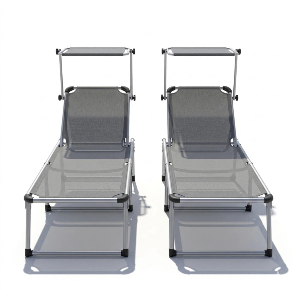 Set Lettini Prendisole Pieghevoli Tettuccio Parasole Schienale Regolabile Reclinabile 6 Posizioni Struttura In Alluminio Sedia Relax Spiaggia Mare Giardino Piscina 187 x 59 x 29 Cm Grigio Scuro