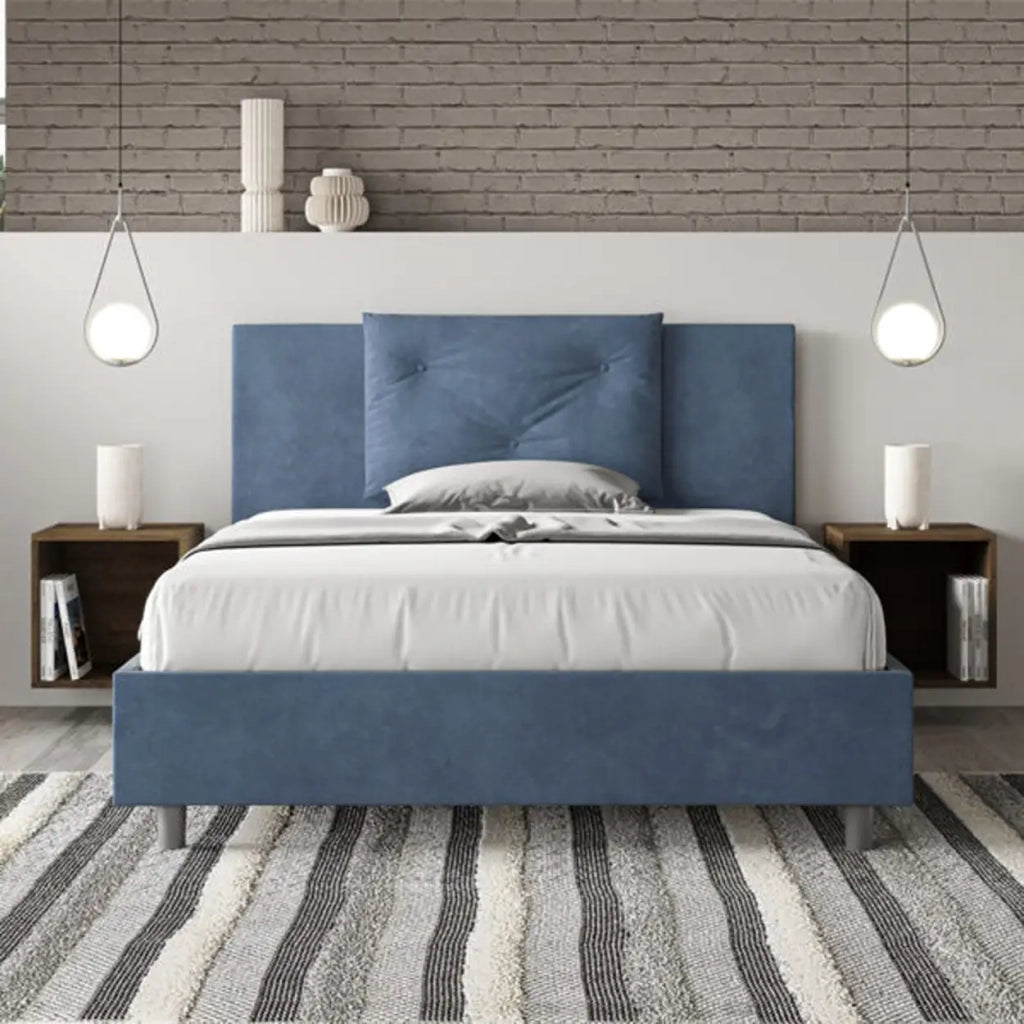 Letto matrimoniale francese con rete imbottito 140x210 microfibra blu Appia