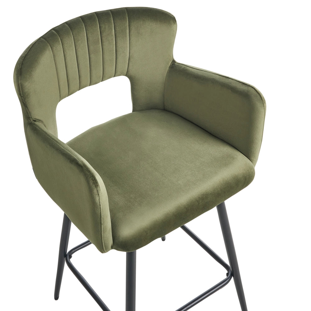 Set di 2 sgabelli da bar velluto verde oliva braccioli schienale intagliato gambe in metallo moderna industriale