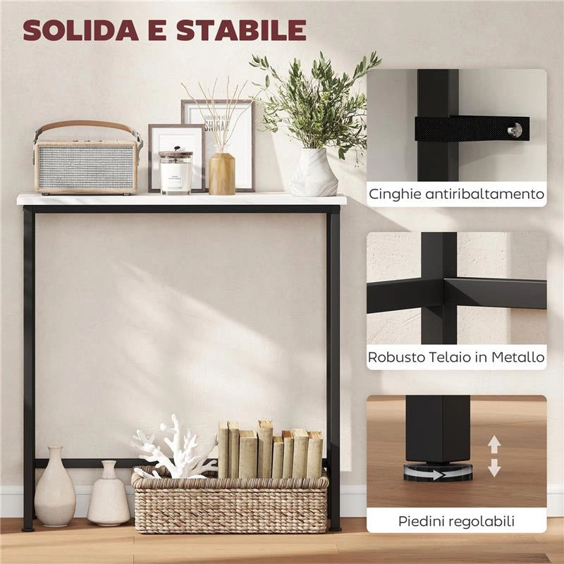 TAVOLO CONSOLLE DA INGRESSO CON PIANO EFFETTO MARMO, IN LEGNO E ACCIAIO, 75X24X76 CM, BIANCO E NERO