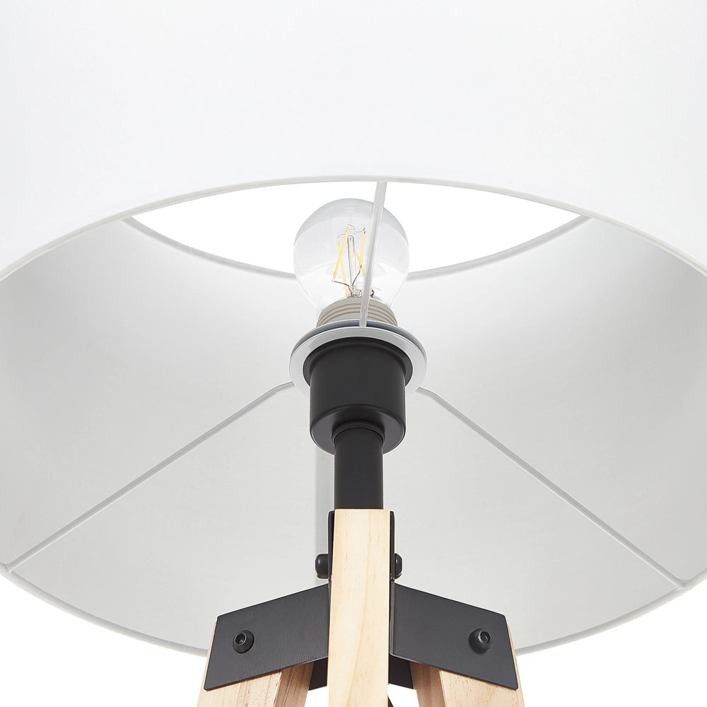 Lampada da Terra Treppiede Lino Bianco Paralume Rotondo Gambe Legno Chiaro 148 cm Moderna