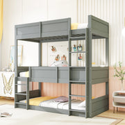 OKWISH Letto a Castello 90×200 cm, Letto 3 Posti con Sponde Alte, Convertibile, senza Materasso, in Legno, Grigio