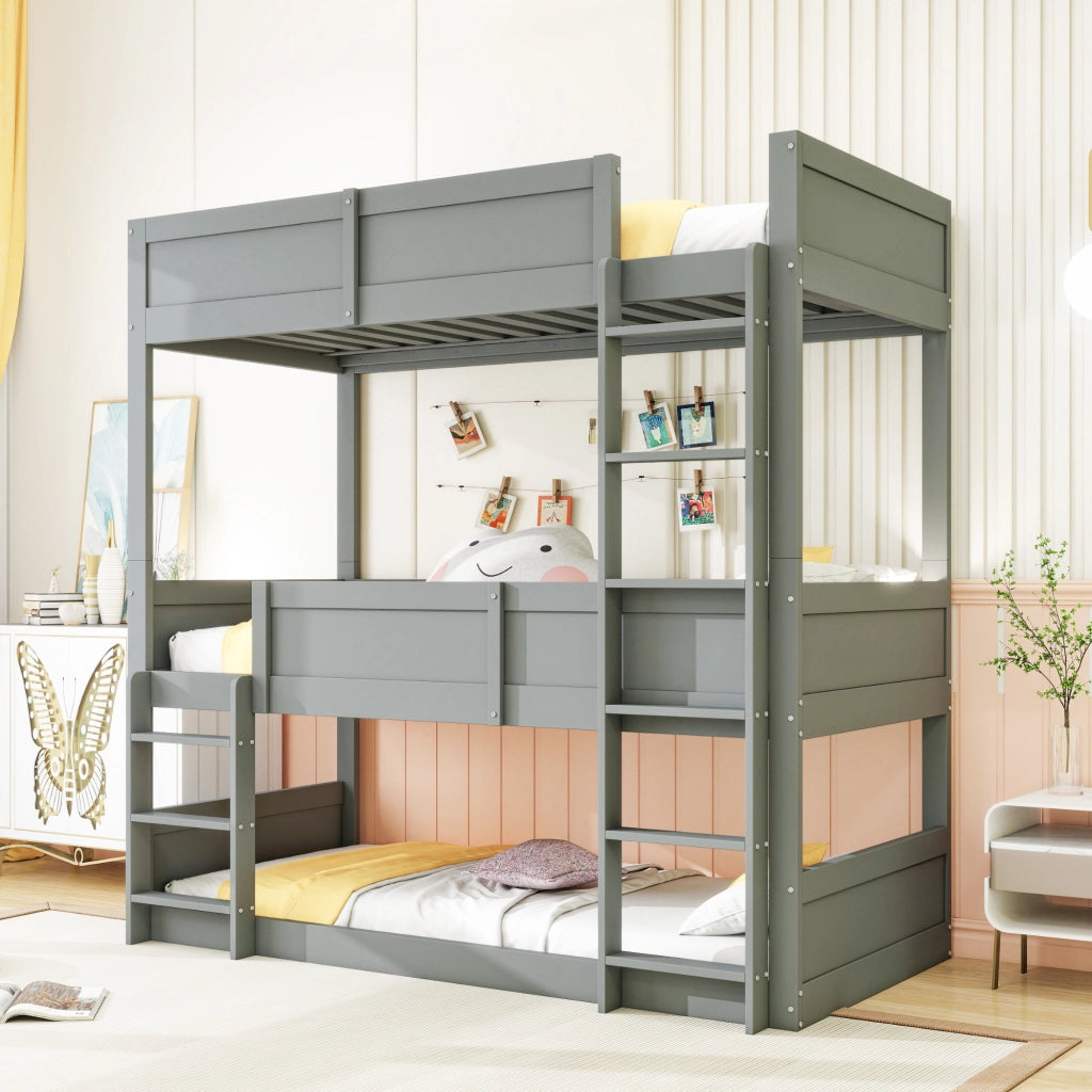 OKWISH Letto a Castello 90×200 cm, Letto 3 Posti con Sponde Alte, Convertibile, senza Materasso, in Legno, Grigio