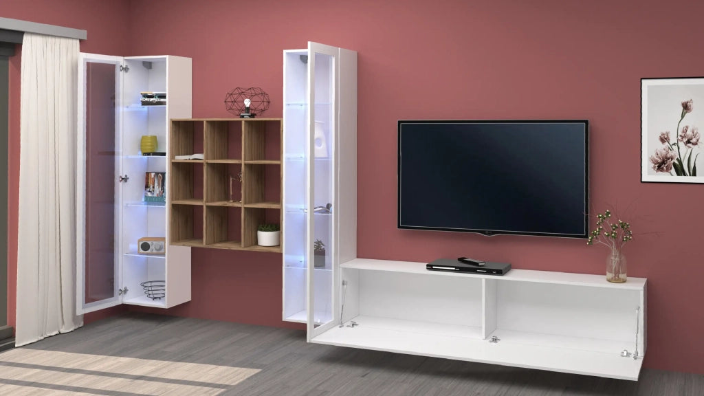 Parete attrezzata bianca mobile TV libreria in legno 2 vetrine Onir WH