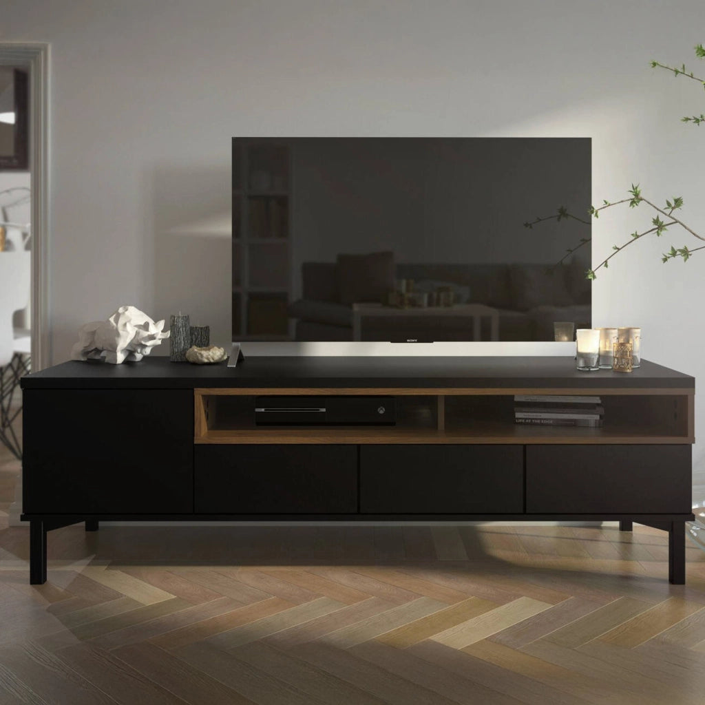 Mobile porta TV Rosata, Credenza da soggiorno, Armadio basso per TV, Base parete attrezzata, 156x48 h48 cm, Nero e Noce