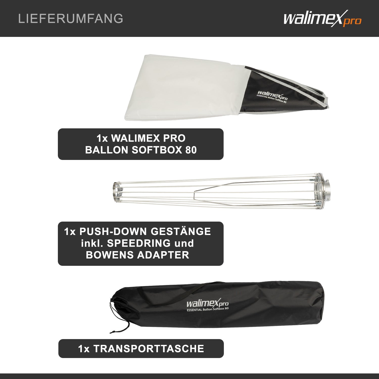 Essential Balloon Softbox 80cm, diffusore di luce a 360° ad apertura rapida, adattatore Bowens incluso, compatibile con tutti i flash e le luci continue comuni con attacco Bowens