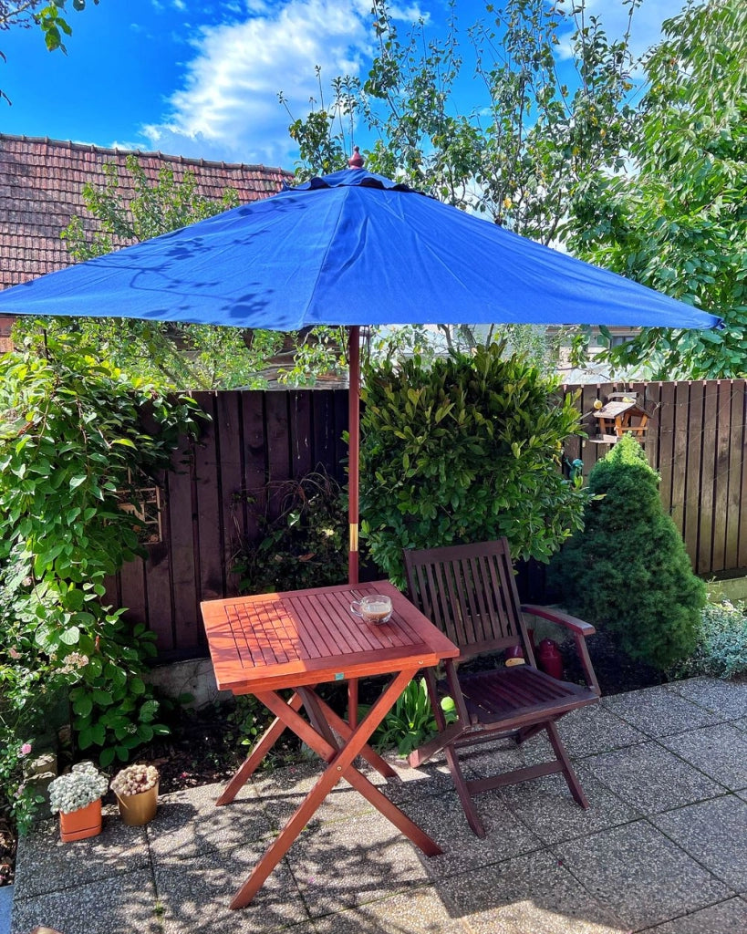Ombrellone da Giardino Tessuto Blu ø 270 x 254H cm Palo Betulla Pieghevole Esterno Moderno