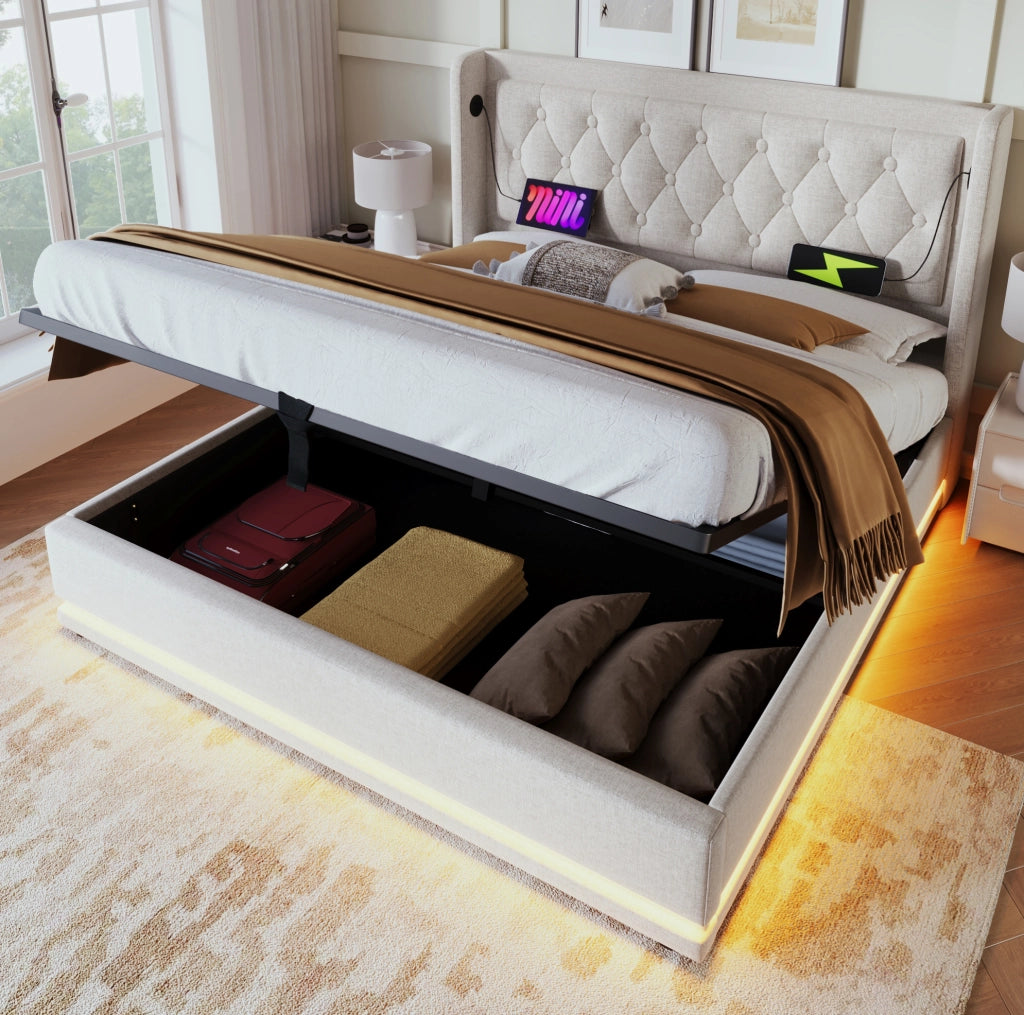 Letto matrimoniale 160x200 cm con contenitore idraulico; LED e USB-C; cotone beige