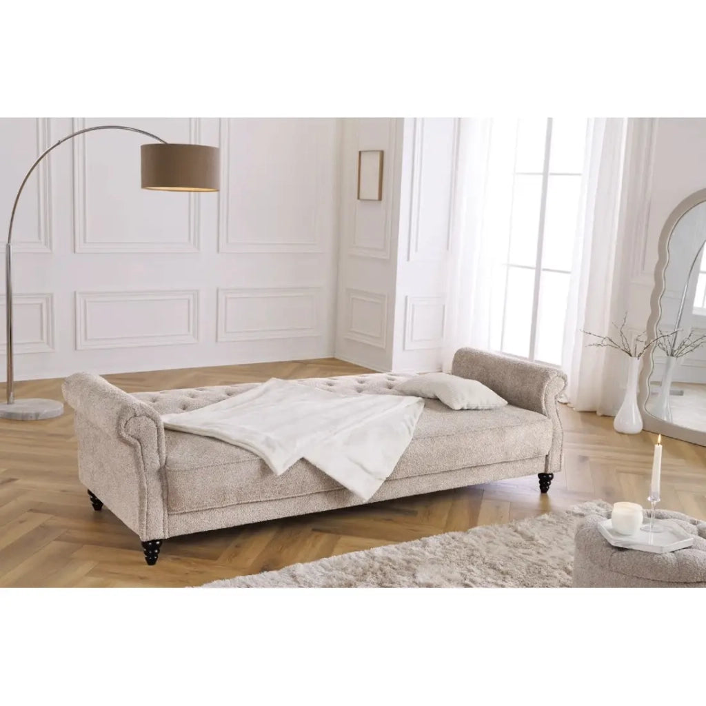 Divano trasformabile MILES beige – Divano classico in tessuto bouclé con struttura in legno massiccio