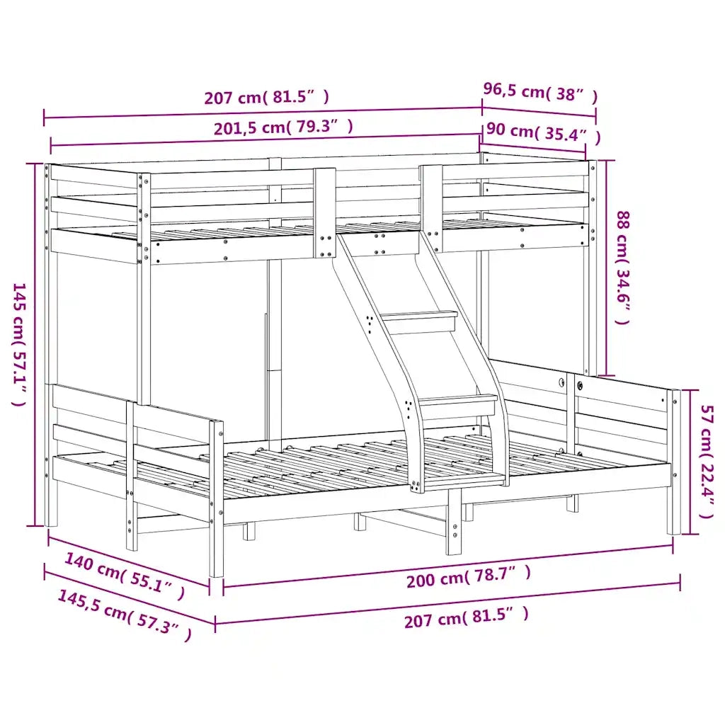 Letto a Castello 90x200/140x200 cm in Legno Massello di Pino 3207173