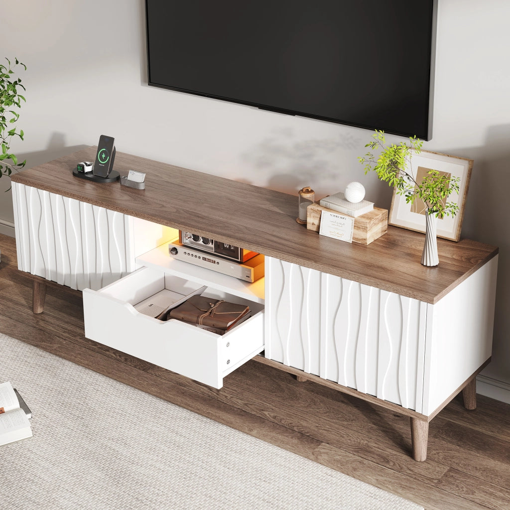 Cassettiera per TV bianca e noce scuro in MDF e truciolare; lunghezza 160 cm