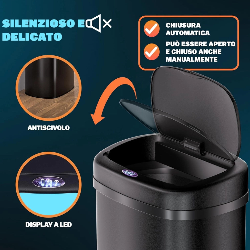 ® Cestino 58L con Sensore Automatico Movimento Display LED Pattumiera Rifiuti Smart Bidone Intelligente Cavo USB