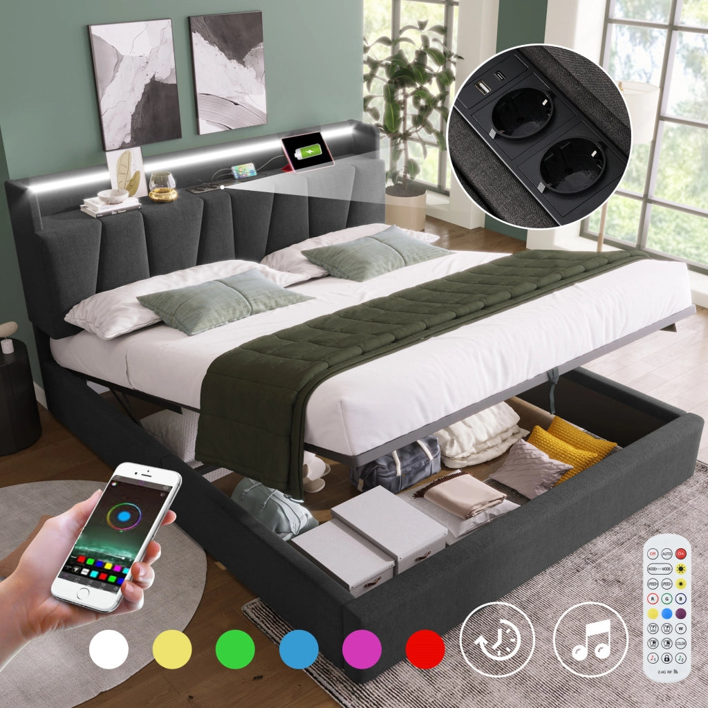 OKWISH Letto Contenitore 140×190 cm, Letto Matrimoniale con Testiera Contenitore, USB, Tipo C, LED Regolabile e senza Materasso, Lino, Grigio