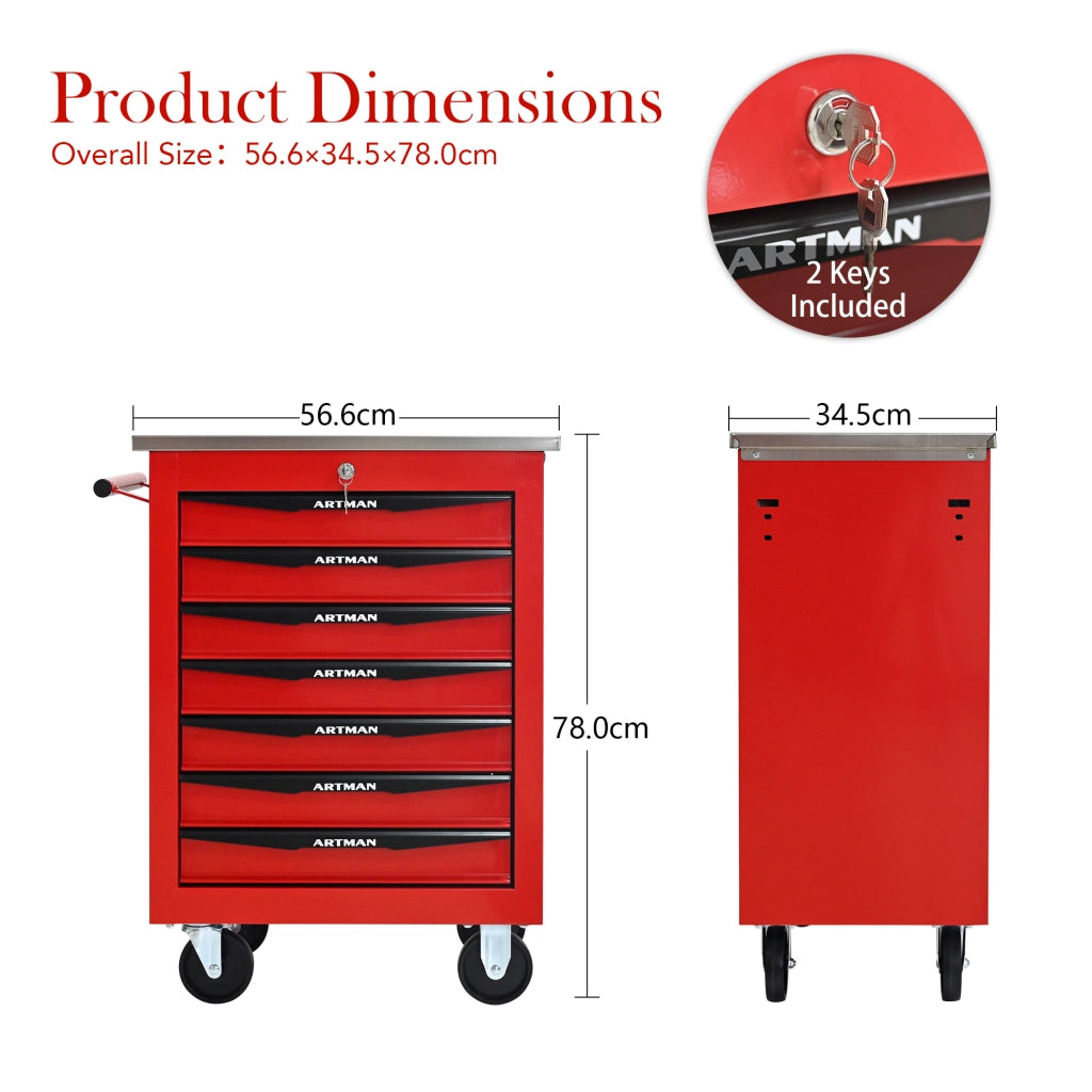 Mobile contenitore portautensili con 7 cassetti e ruote, chiusura a chiave, in acciaio, rosso nero, 62,5 × 34,5 × 78 cm