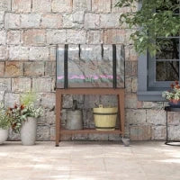 Fioriera Rialzata con Mini Serra per Piante, Ruote e Ripiano, 80x40x120cm, Marrone