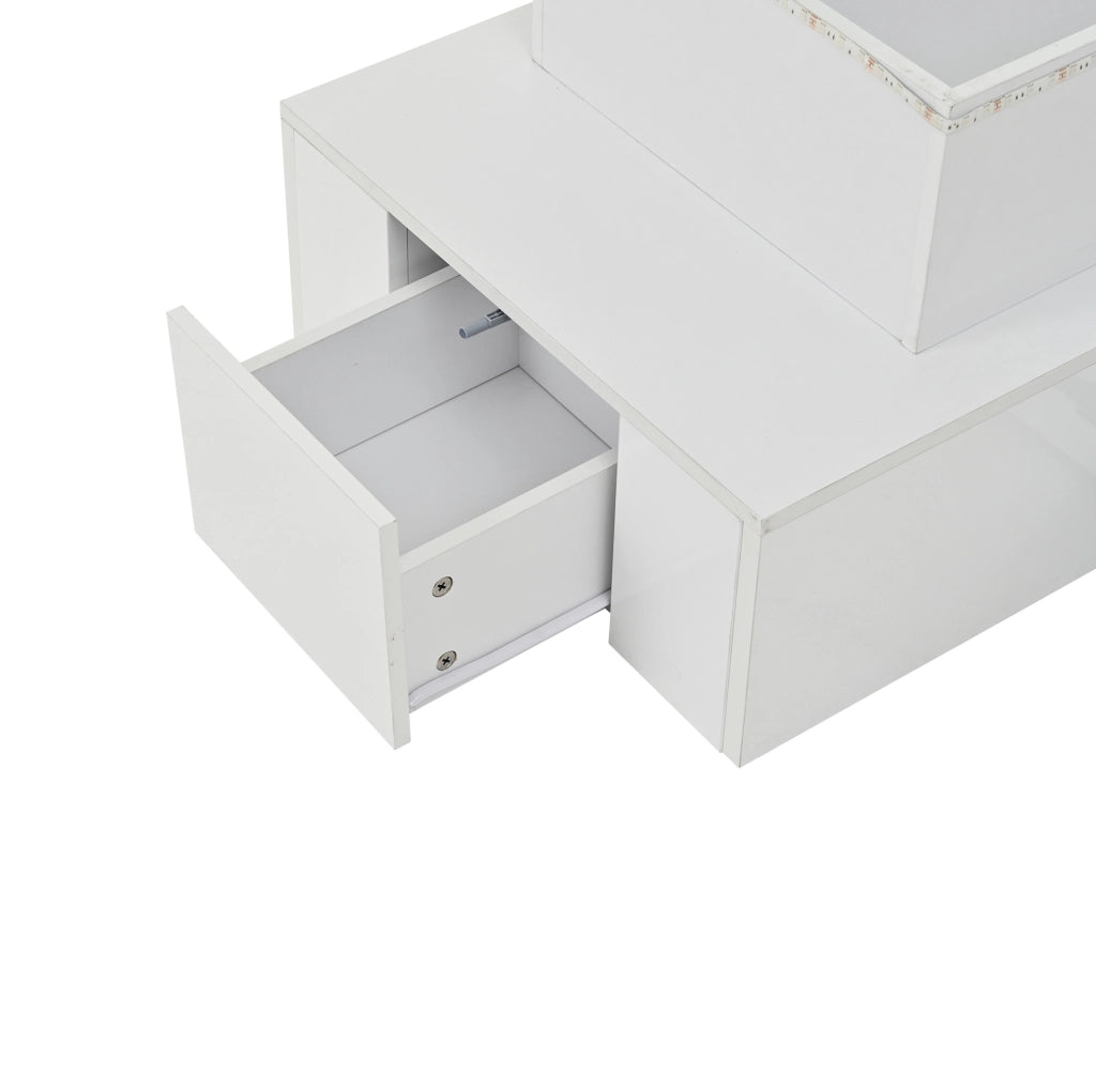 Tavolino da caffè elevabile LED bianco 100x50 cm con 4 cassetti e USB