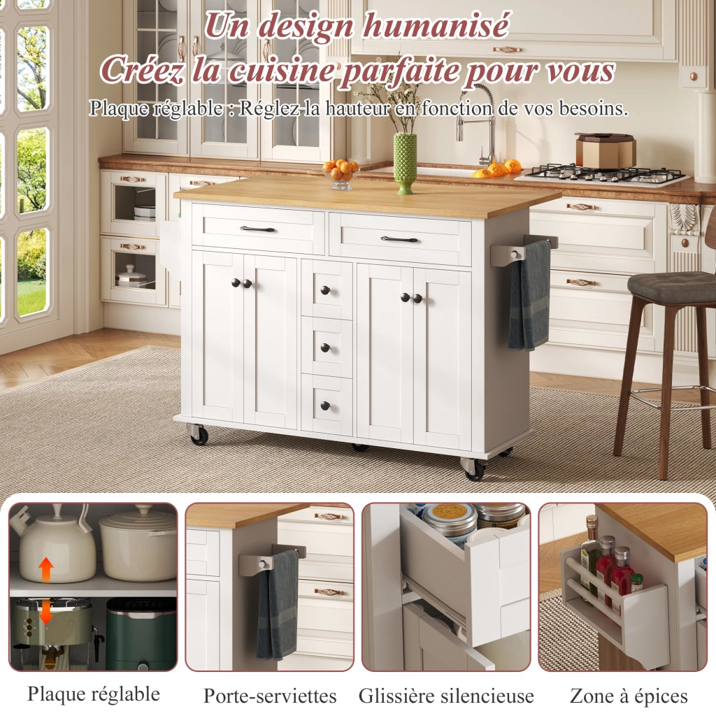 Carrello da cucina con piano allungabile; 5 cassetti; 2 armadi; ripiani regolabili; specchio? no