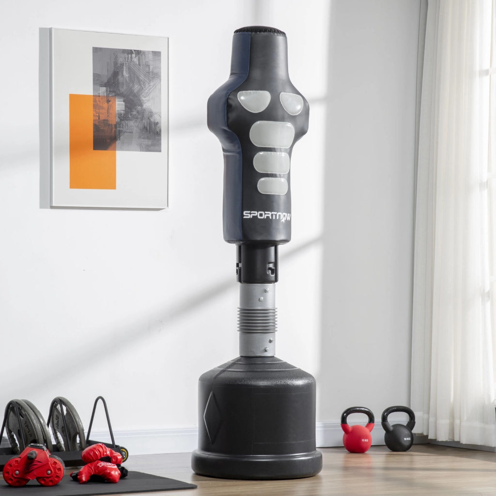 Sacco da Boxe con Base ¨C Xylo ¨C Regolabile in Altezza, Pelle Sintetica Nero-Grigio-Blu, 55x55x178-207 cm