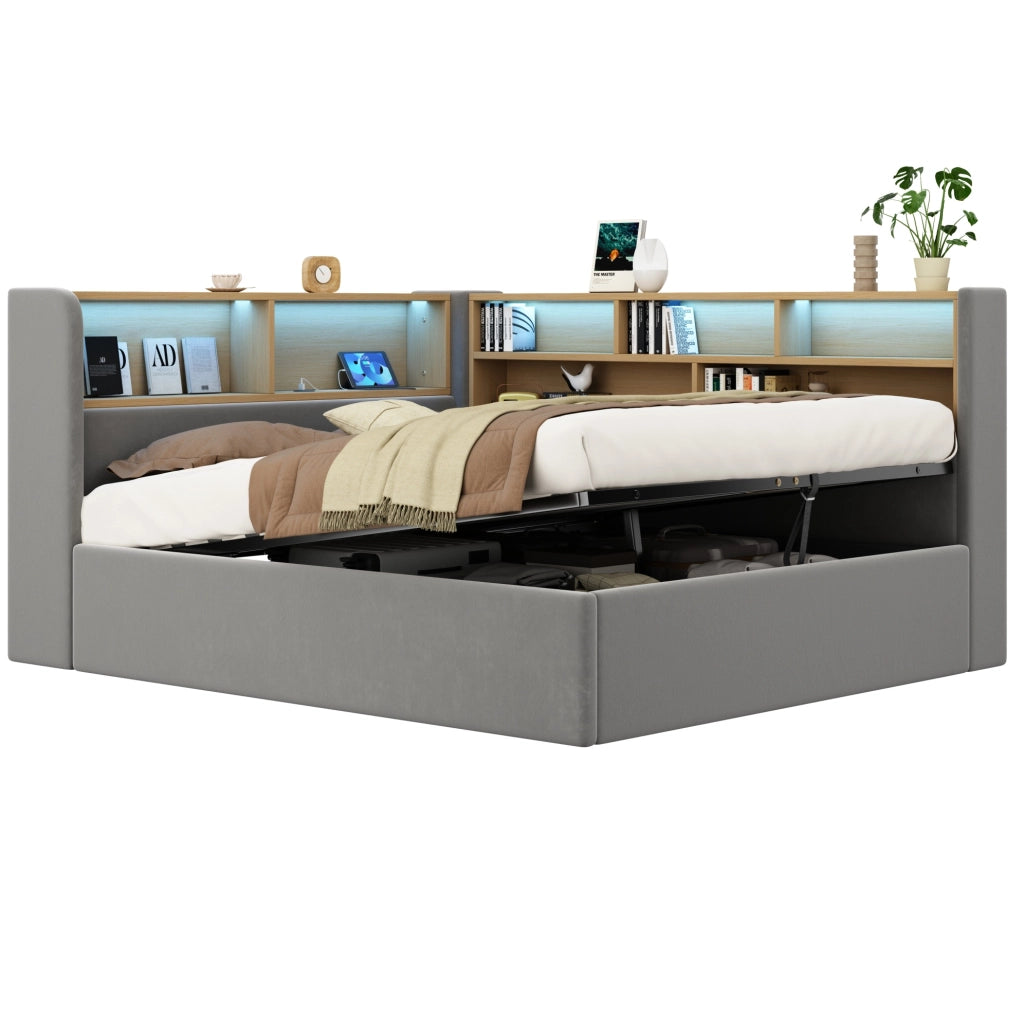 Letto imbottito in velluto con contenitore idraulico, LED e ricarica