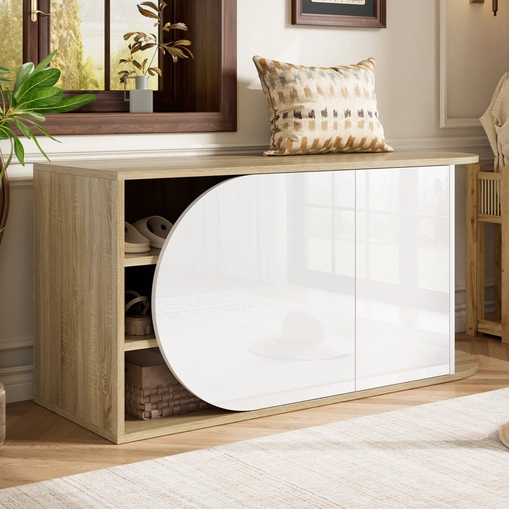 Scarpiera moderna in stile francese, bianco lucido e effetto legno naturale, con 1 gancio laterale, 104 ¡Á 37 ¡Á 50 cm