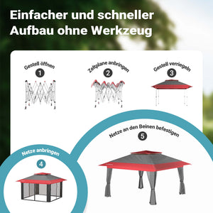 Gazebo pieghevole con zanzariera, grigio rosso 3,92 x 3,92 m, impermeabile, UV 50+, Tendone per feste