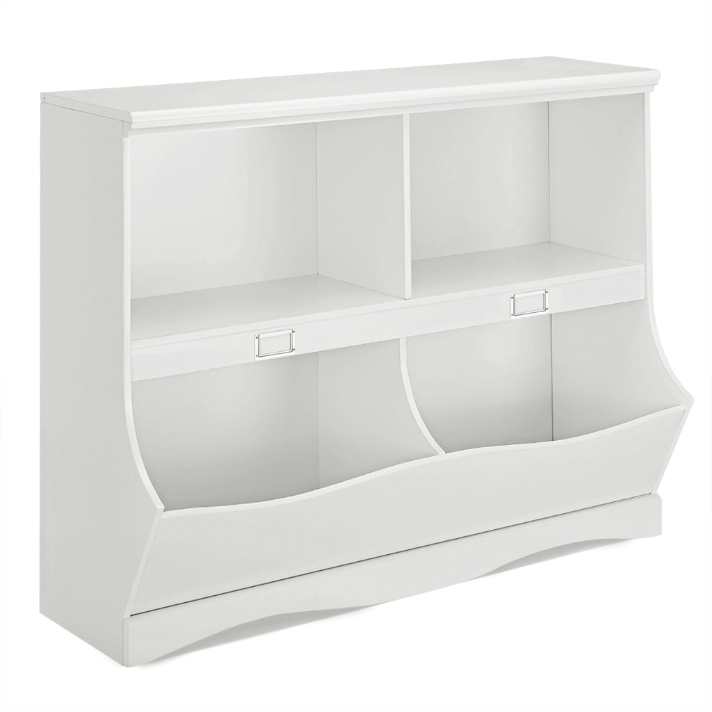 Mobile porta giocattoli con 2 vani e 2 contenitori, Organizer giochi per bambini in legno 105x39,5x83,5cm Bianco