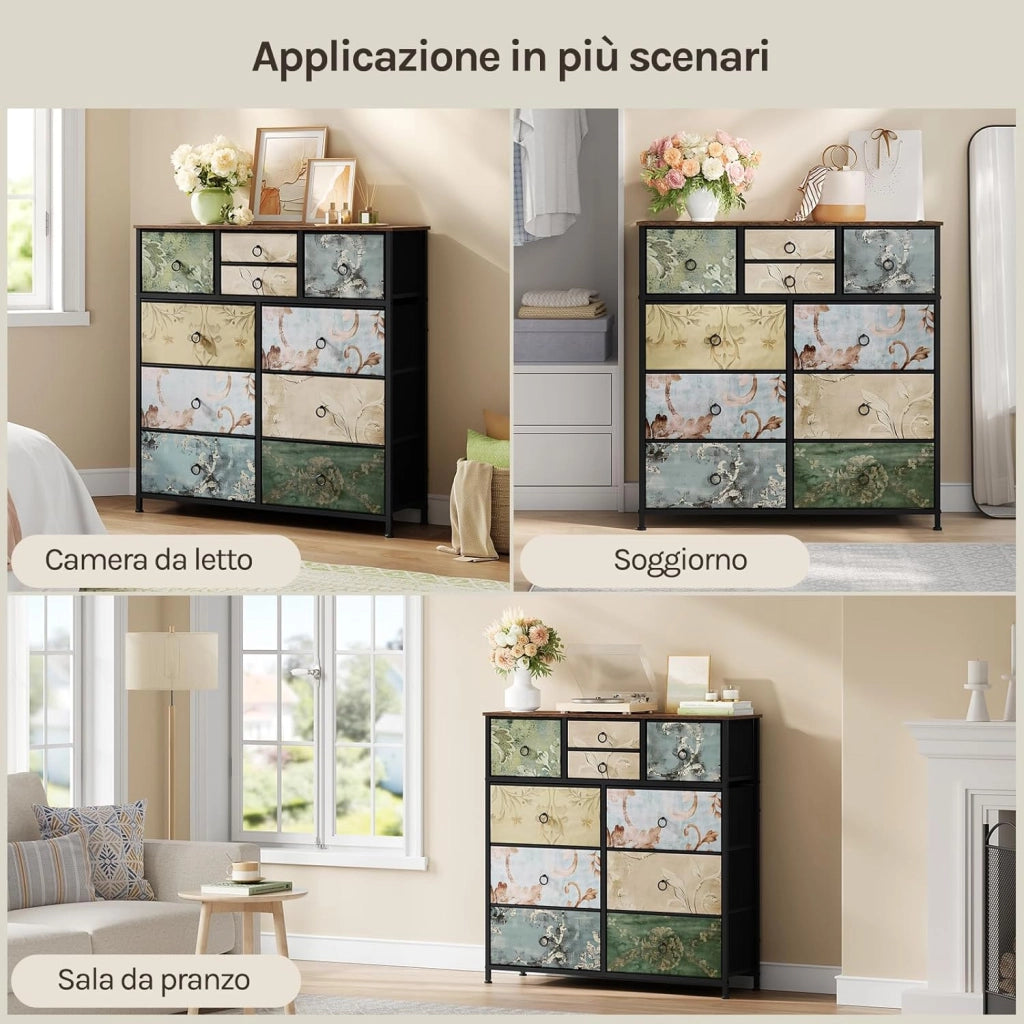 Cassettiera, 10 Cassetti per Camera da Letto/Corridoio/Soggiorno,arrone Rustico e Nero con Motivo Fiore Retrò, Struttura in Metallo, 100x 30x 100cm, SSK009pw