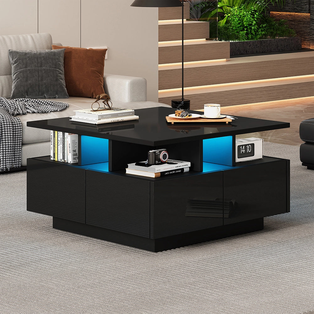 Tavolino-Xylo-70x70x40cm nero LED 4 cassetti 30kg