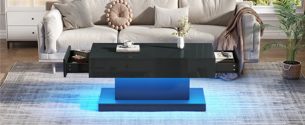 Tavolino da Caff¨¨ con LED e 2 Cassetti ¨C MINIMAL ¨C Nero Lucido, 100x50x45