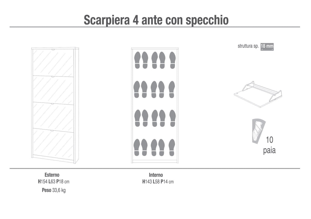 Scarpiera 4 Ante con Specchio 63x154x18 cm Rovere Naturale