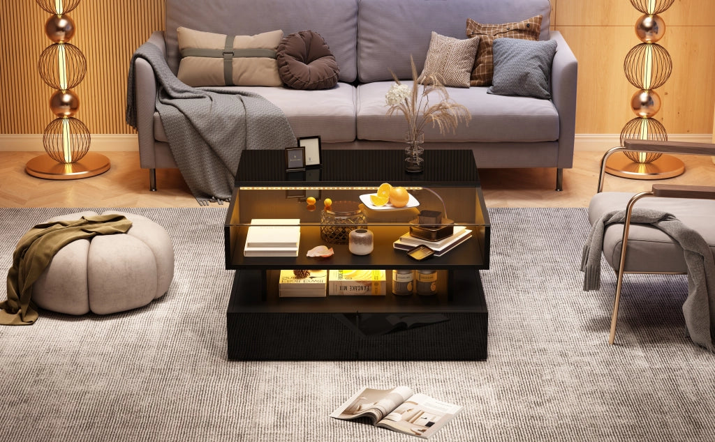 TAVOLINO da caffè 80x80x45 cm nero con LED e 2 cassetti