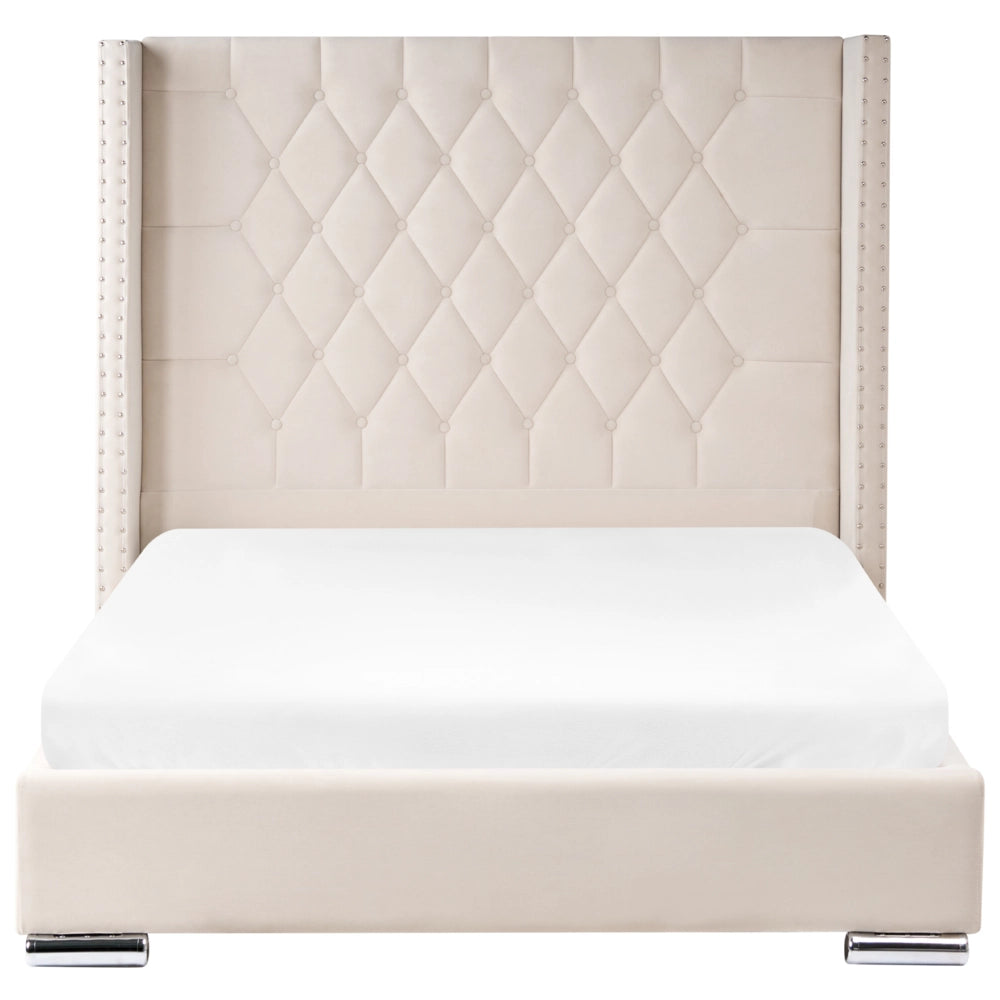 Letto matrimoniale a doghe velluto bianco sporco imbottito trapuntato poggiatesta 140 x 200 cm stile glamour elegante