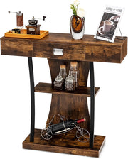 Tavolo consolle a 3 livelli, con cassetto, tavolo d'ingresso in legno con anti-ribaltamento e telaio in metallo, stile industriale, per soggiorno, camera da letto, ingresso, marrone rustico