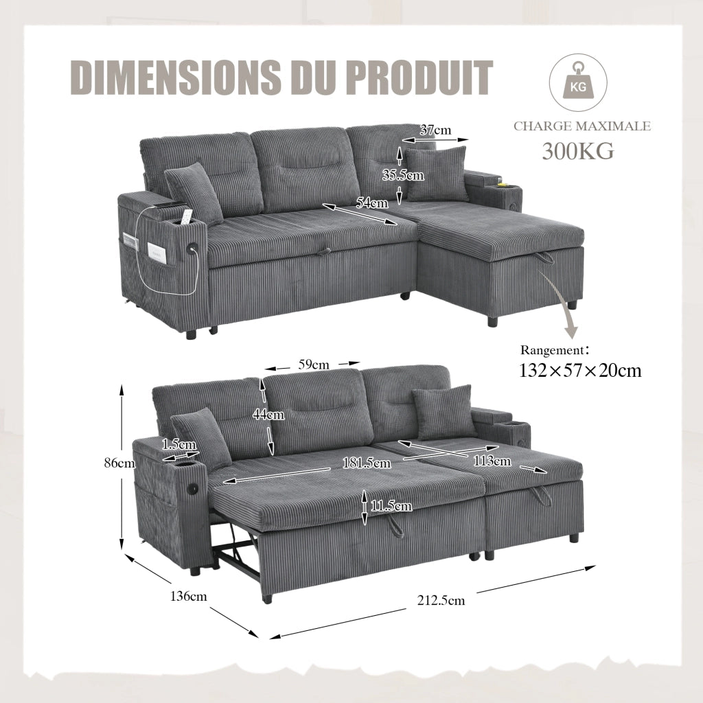 Divano letto a 3 posti in velluto a coste grigio carbone con chaise longue idraulica e porte USB-C